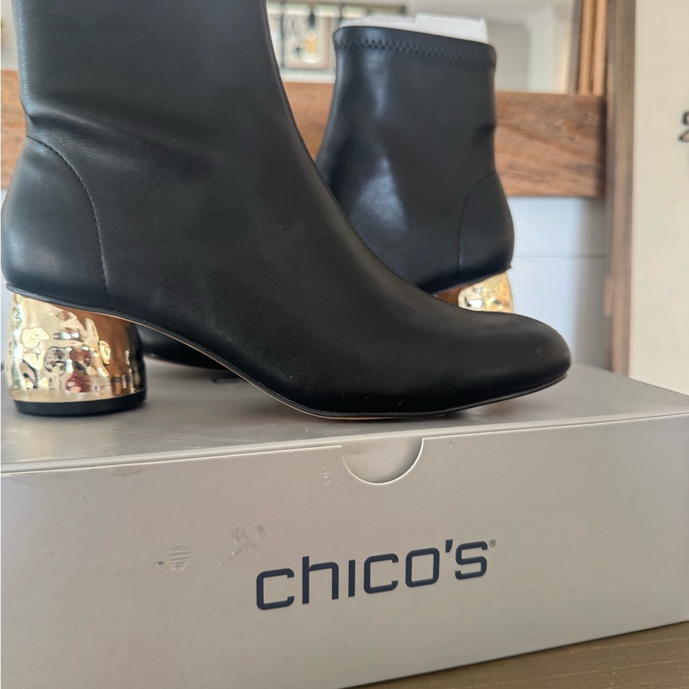 Chico's Elegant Black Boots with Metallic Gold Heel